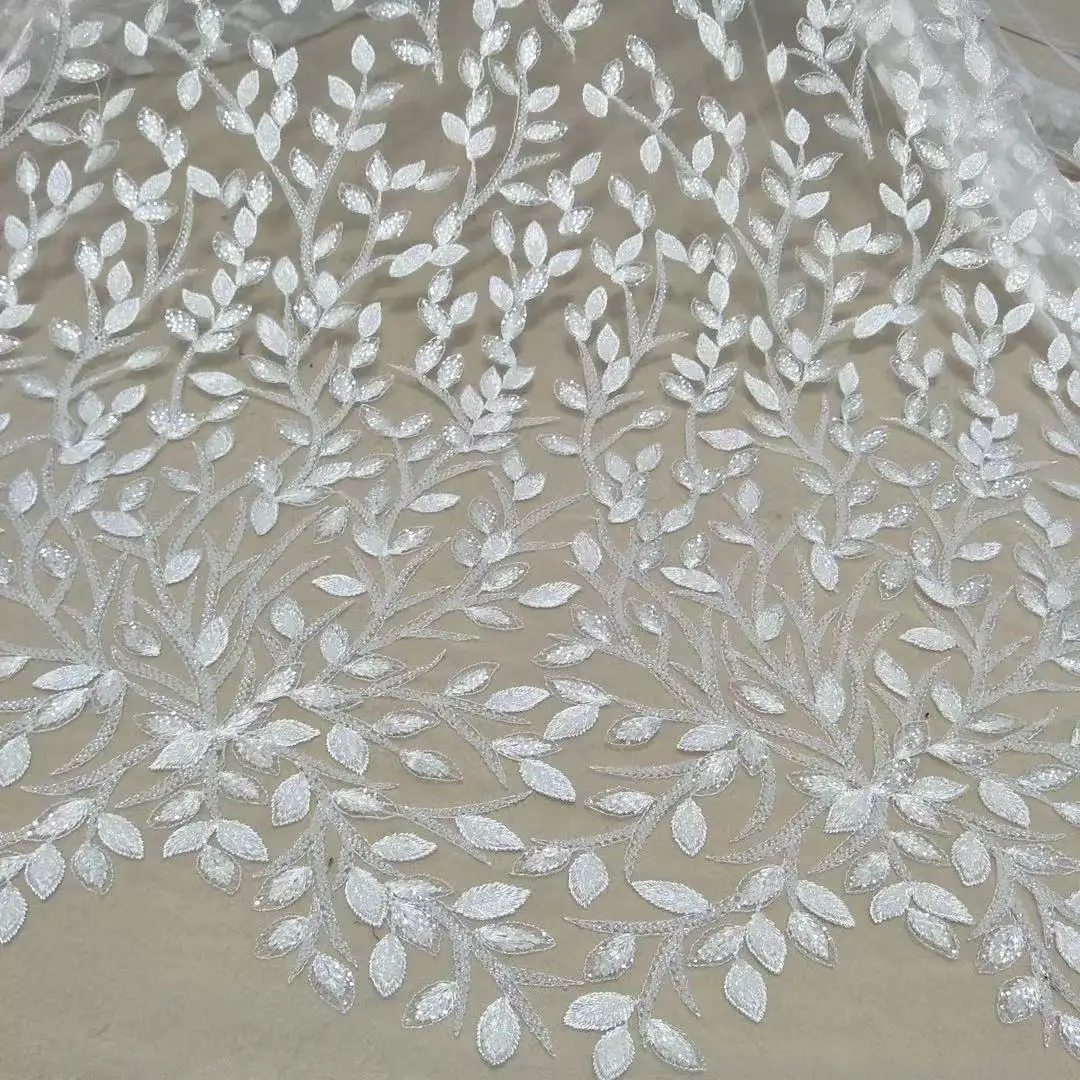 Ivory white leaf-shaped wedding dress fabric accessories Lace ribbon beads and sequins width 130cm