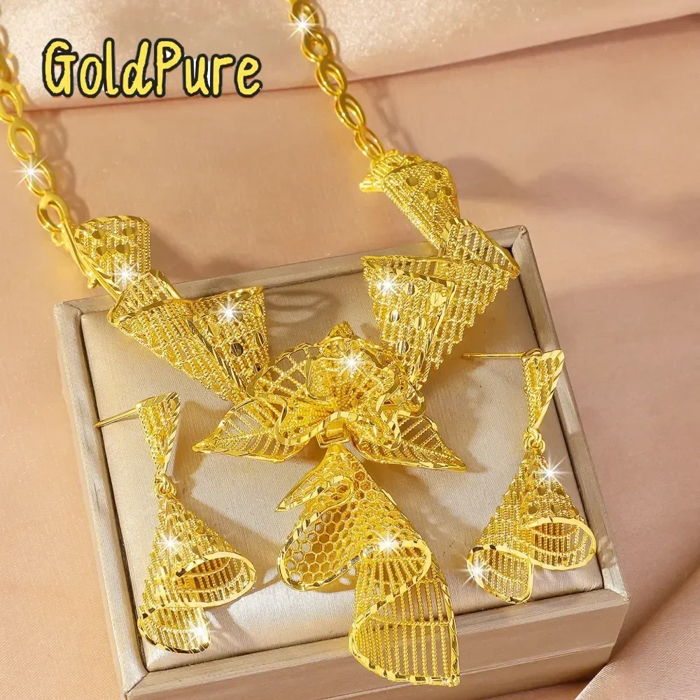 

Goldpure Luxury 24K 9999 Pure Gold real gold Middle East Bride Unique Flower Necklace Earrings Set Chaingift