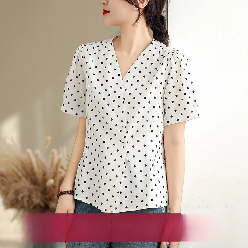 

Летний женский кардиган в корейском стиле с V-образным вырезом, в горошек, плиссированный, приталенный, с коротким рукавом, тонкая дышащая хлопковая рубашка, модная новинка