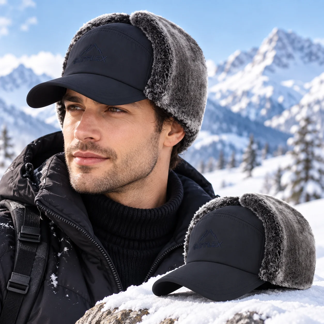 Winter Trapper Hat Men Faux Fur Earflap Baseball Cap Outdoor Ski Snow Thickened Face Cover Neck Guard Windproof Casual Hood Hat