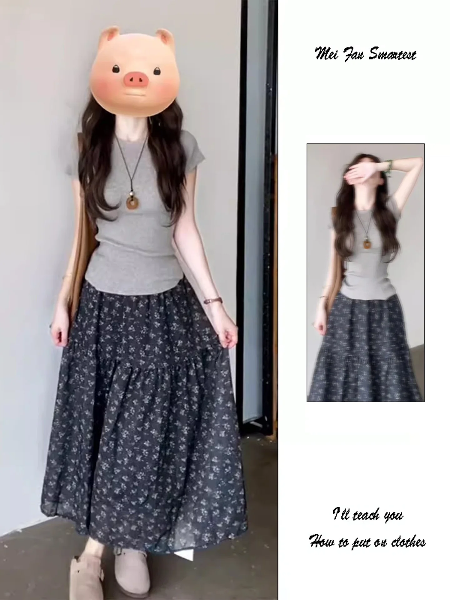 Retro Grey round Neck Knitted Short Sleeve T-Shirt Women's Summer New Floral Half Skirt Two-Piece Set Korean Style Commute