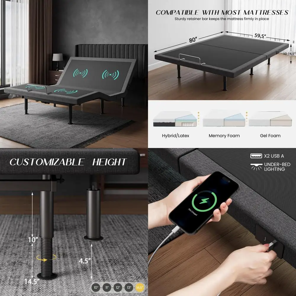 Queen Size Electric Adjustable Bed Frame with Massage and Wireless Remote, Under-Bed Lighting