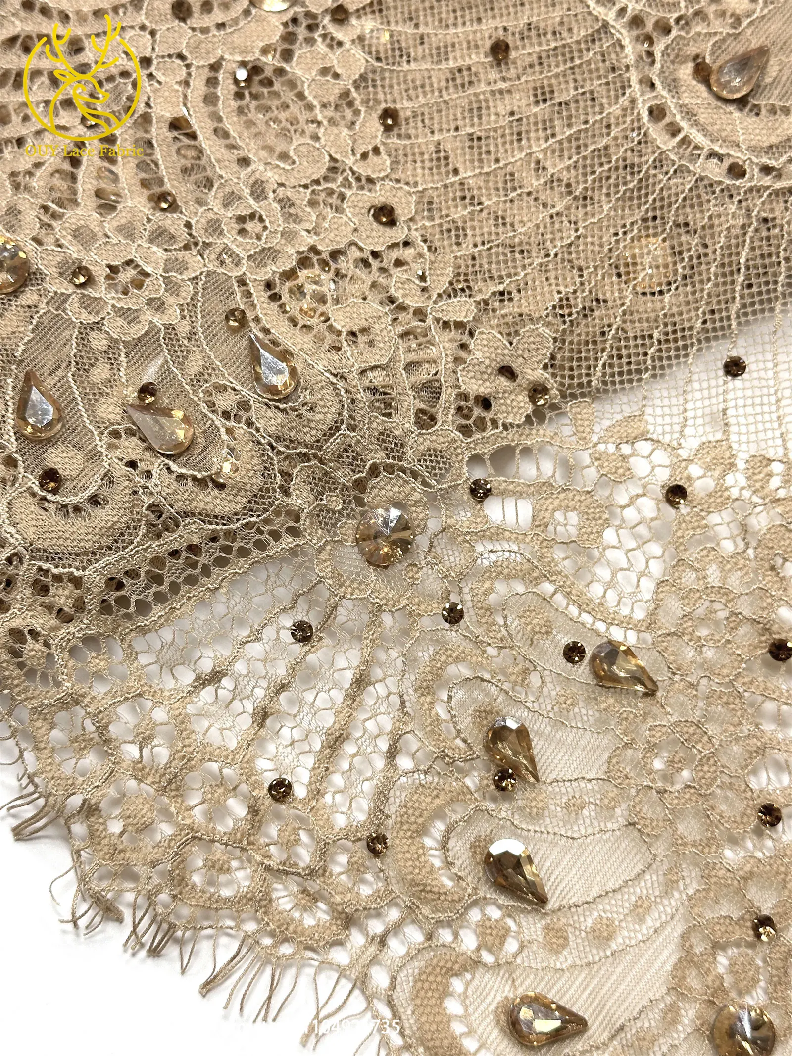2026 Heißer Verkauf: Edles, luxuriöses, handgefertigtes Stickerei-Netzspitzenstoff mit Steinen für Damen-Hochzeitskleider, 3 Meter – Detail 15