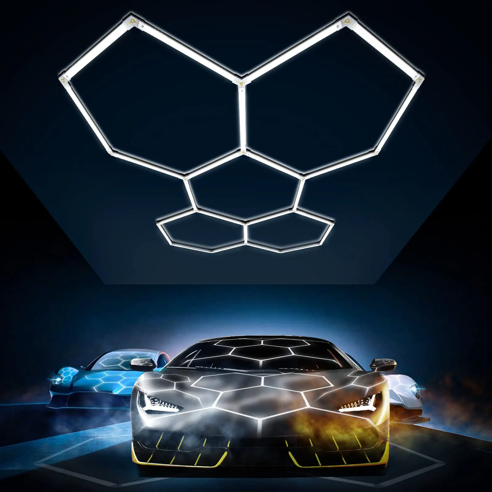 

PC Material LED Honeycomb Light Car Showroom Auto Workshop Detailing Chandelier Led Hexagonal Ceiling Pendant Lamps
