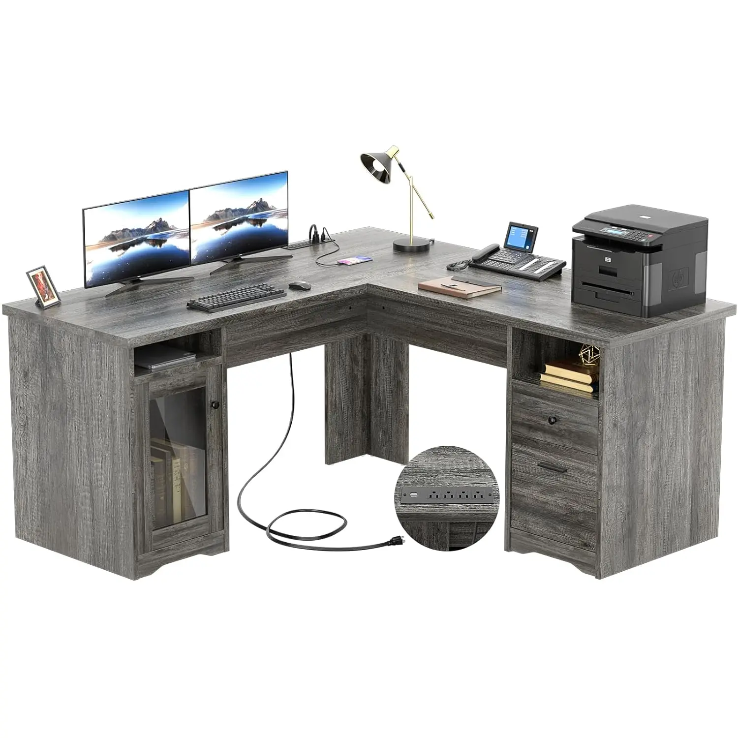 

L Shaped Corner Desk with Drawers USB Outlet File Cabinet 60in 2 Person Office Table, Customized