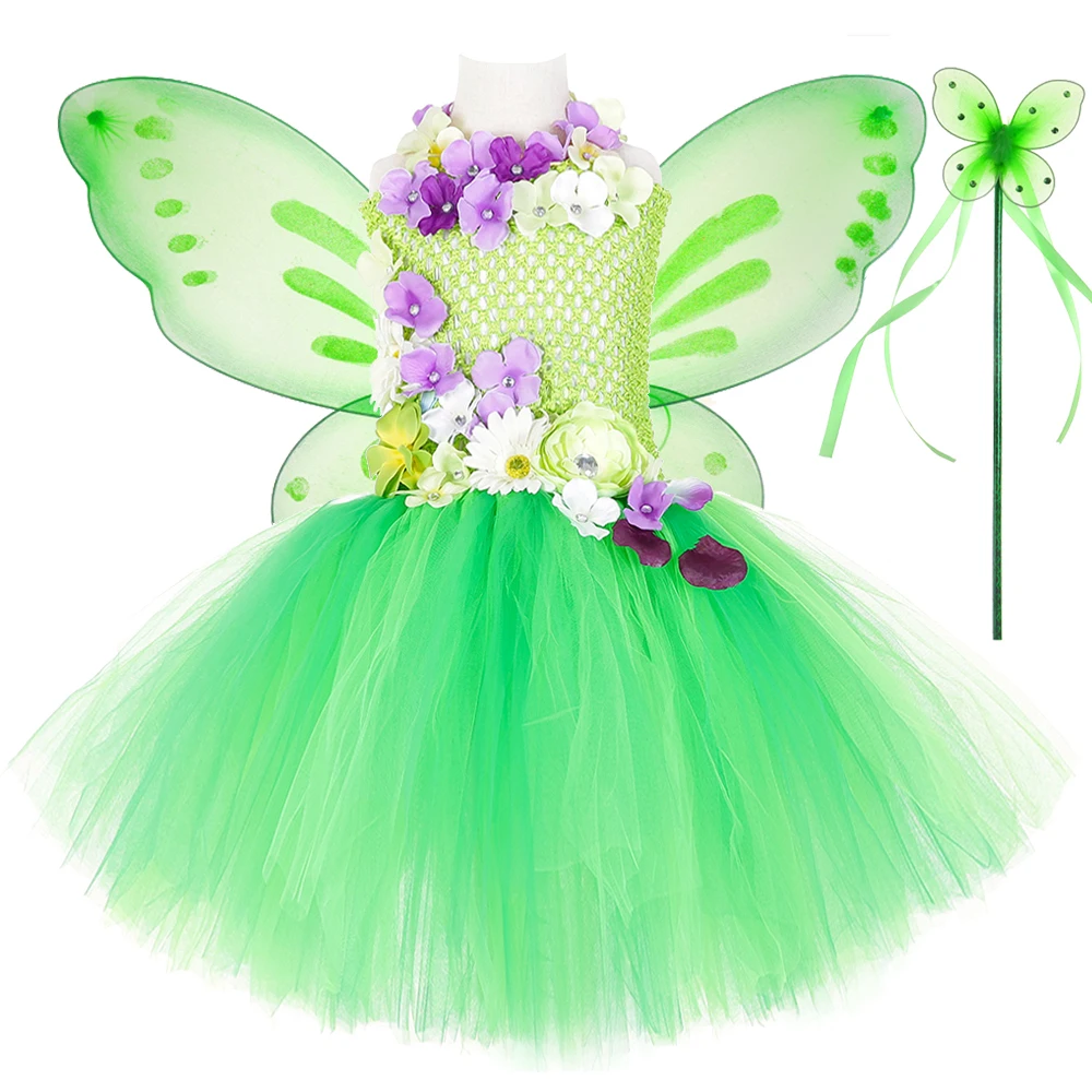 

Flowers Tinker Bell Princess Dresses Girls Kids Green Jungle Fairy Halloween Costumes with Wings Birthday Party Tutus Outfit Set