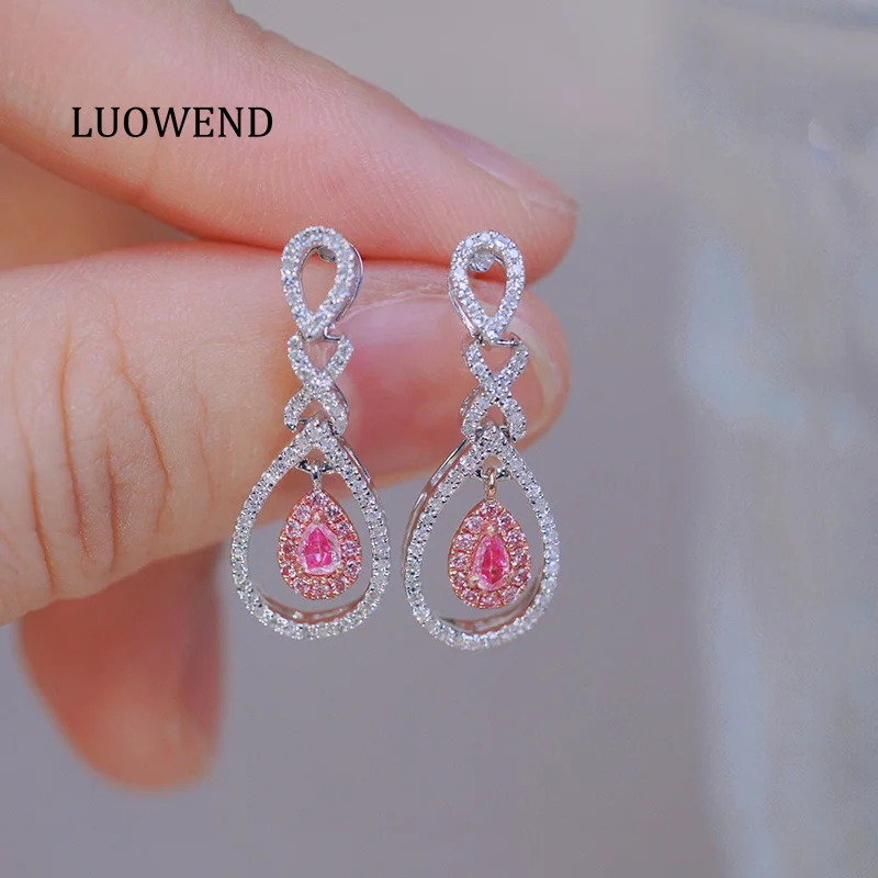 Серьги LUOWEND из 100% белого золота 18 карат, романтический нежный стиль, серьги-капли с настоящими натуральными розовыми бриллиантами для женщин, ювелирные изделия для вечеринок
