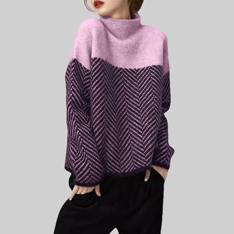 

Women Vintage Casual Chic Pullovers Autumn Winter Fashion Warm Knitted Tops Comfortable Soft Striped Half High Neck Sweaters