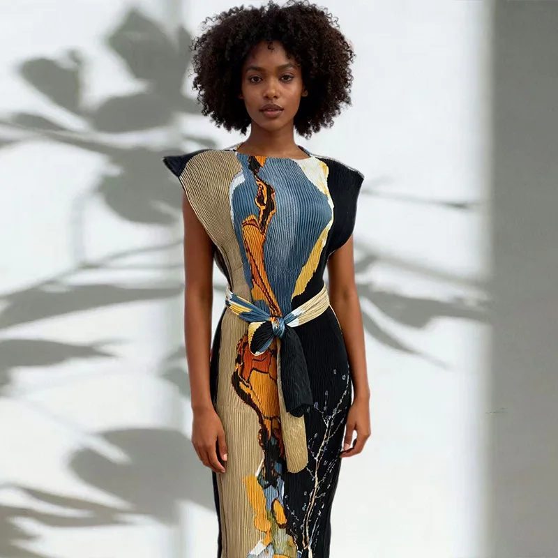 

KEXU африканское мусульманское платье без рукавов с круглым вырезом для женщин, новинка 2025 года, плиссированное платье с принтом