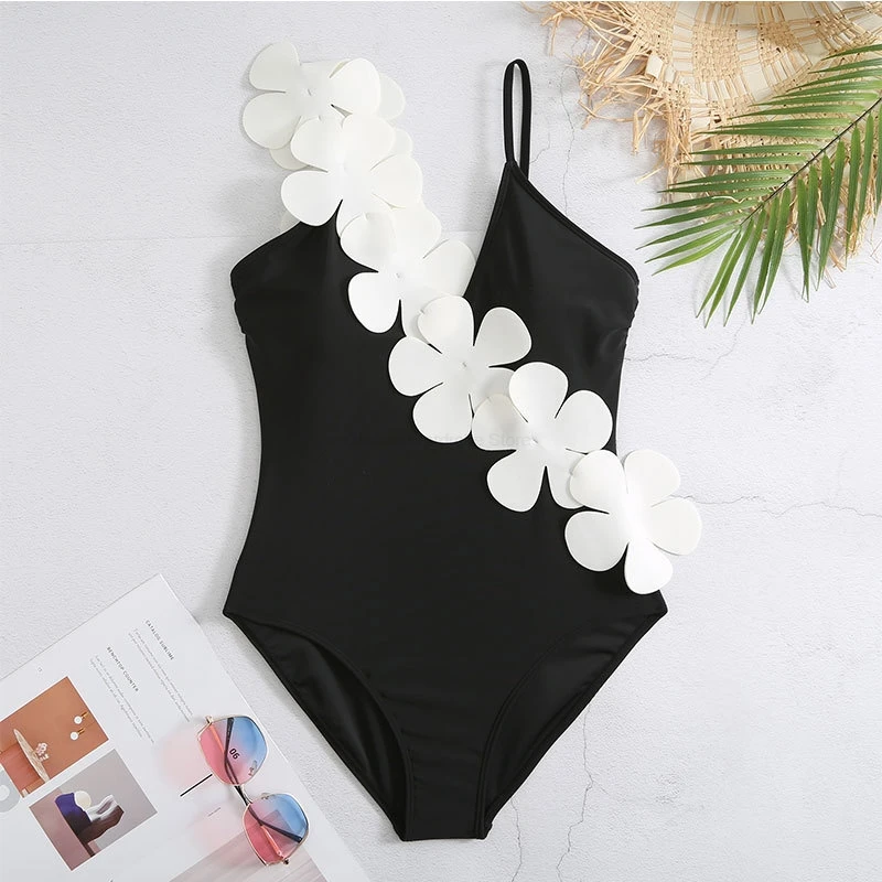 New French Style Women's Swimsuit Black White Flower Decoration Asymmetric Swimwears One Piece Sexy Deep V Bikini With Dresses