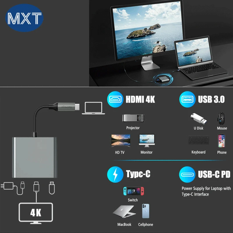 Type-c to 30HZ HDTV  Adapter for USB C to 4K HDMI USB 3.0 100W PD Charging Adapter for Connect the computer, pad ,phone, TV