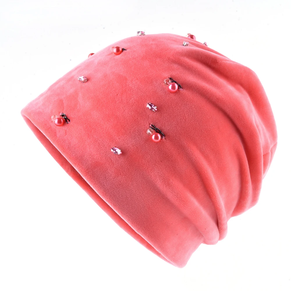 Autumn Winter Hats For Women Cute Rhinestone Pearls Chain Beanies Girls Warm Soft Double Layer Vevet Caps Ladies Skullies Bonnet