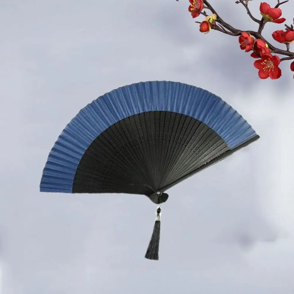 Portable Carved Handle Bamboo Folding Fan with Tassel Vintage Chinese Fan Handhold Dance Fan Photo Props