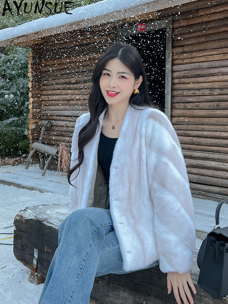 AYUNSUE 2025 ベルベットミンクファージャケット レディース 高級ミンク冬用ジャケット 女性用服 高品質ショートコート