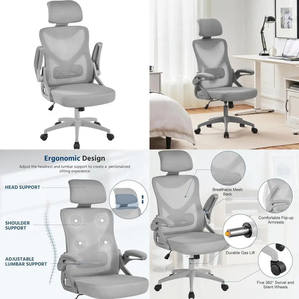 

Ergonomic High-Back Mesh Chair with Flip-Up Armrests, Adjustable Headrest and Lumbar Support for Home/Office, Full Gray