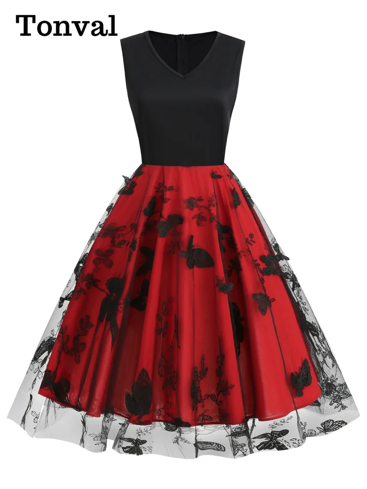 

Tonval Black and Red Butterfly Embroidered Mesh Overlay Patchwork Summer Dress for Women 2023 Sleeveless Vintage Long Dresses