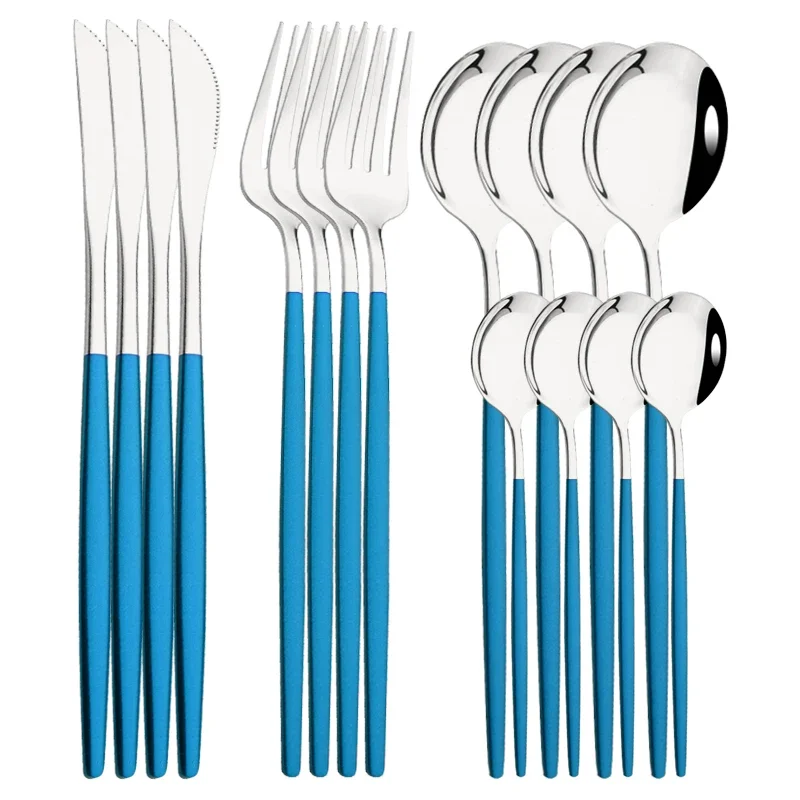 16Pcs Blue Silver Dinnerware Stainless Steel Cutlery Set Knife Fork Tea Spoon Dinner Flatware Set Kitchen Silverware Tableware