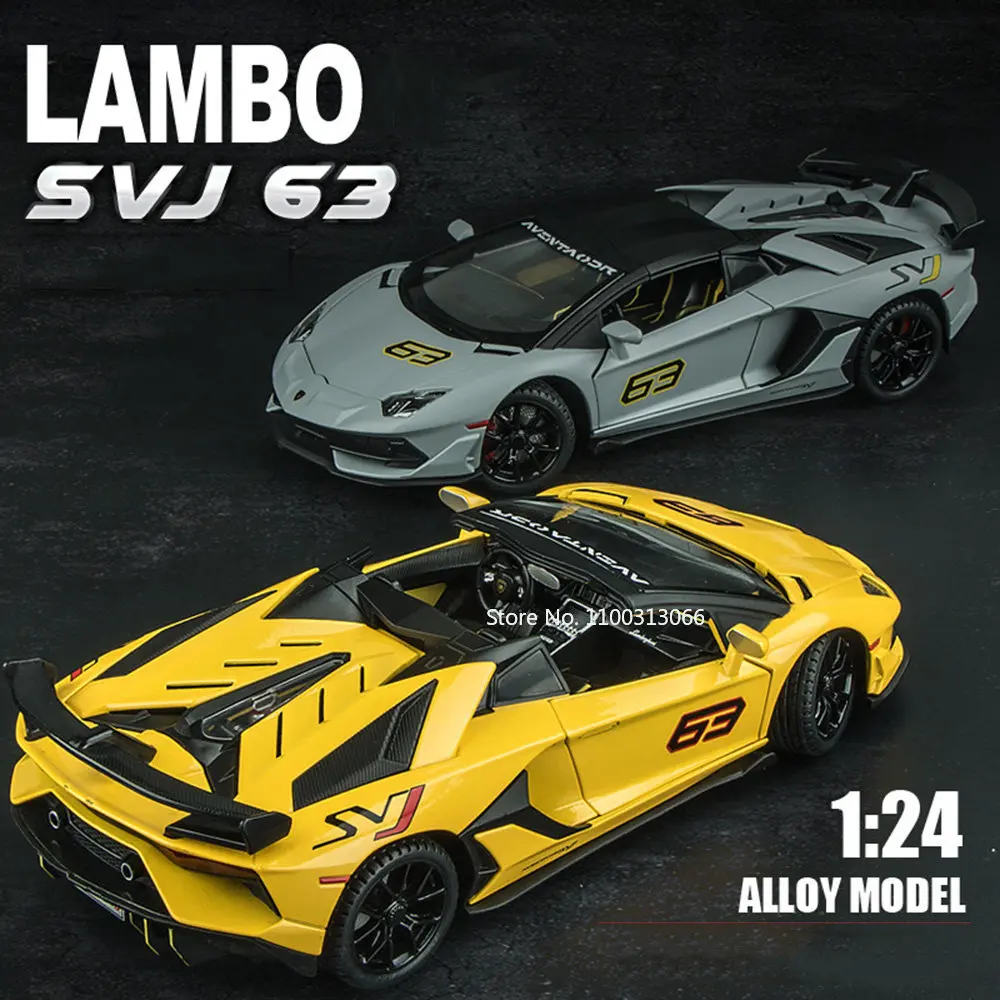 Lambo-modelo de coche deportivo de aleación SVJ63 para niños, juguete de fundición de Metal, luz de sonido, función de retroceso, 1:24