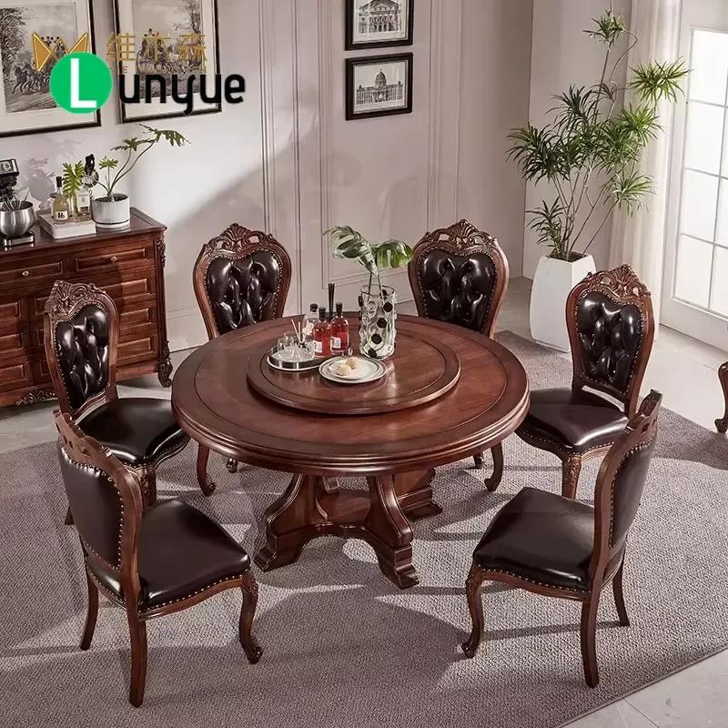 American Style Round Solid Wood Dining Table with Turntable Black Walnut Finish 6 Seater Chair Set No Assembly Required for
