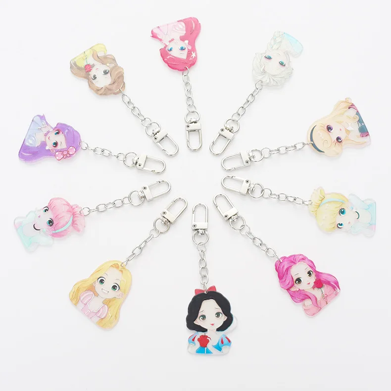 Acrylic Children Princess Elsa Cinderella Snow White Keychain Women Students Fashion Cartoon Car Bag Doll Pendant Key Ring