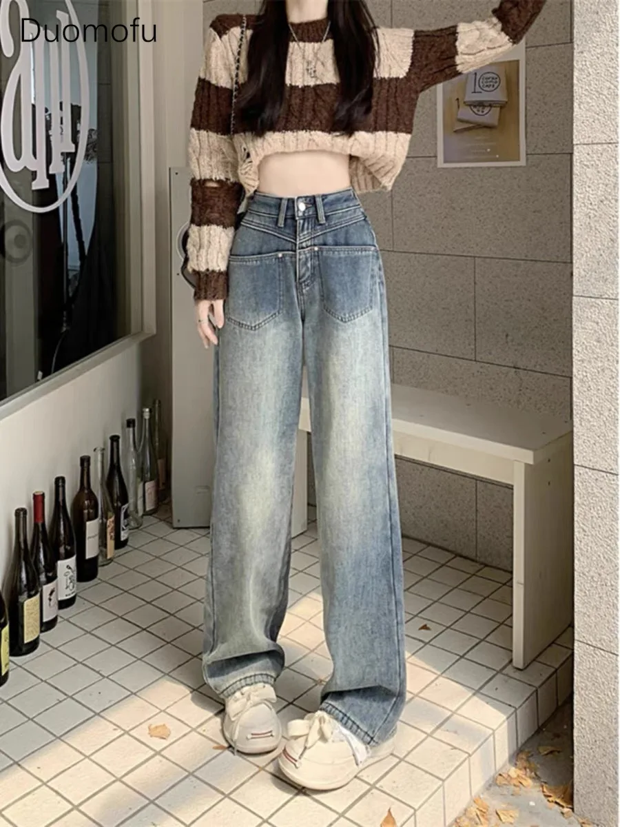 Duomofu Jeans femminili di base sottili classici a vita alta in stile coreano autunno nuovi Jeans da donna a figura intera dritti di moda Casual semplice