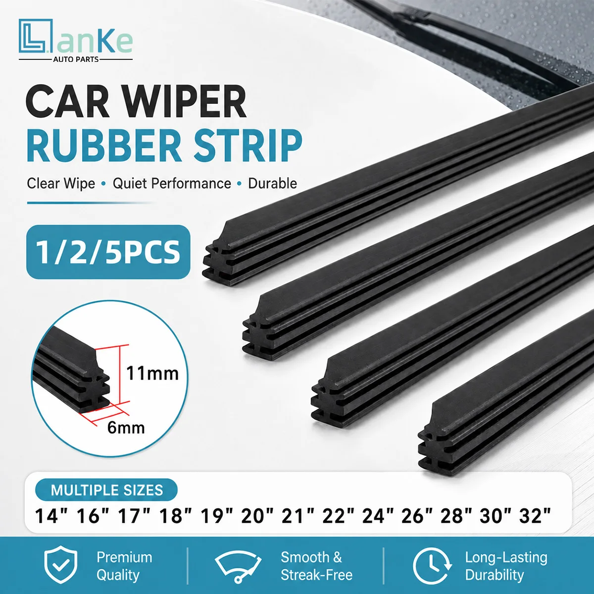 Lanke 1/2/5PCS Universal 6mm Car Wiper Filling Rubber Strip Can Be Cut, 14In To 32In Natural Rubber, Suitable For Most Wiper