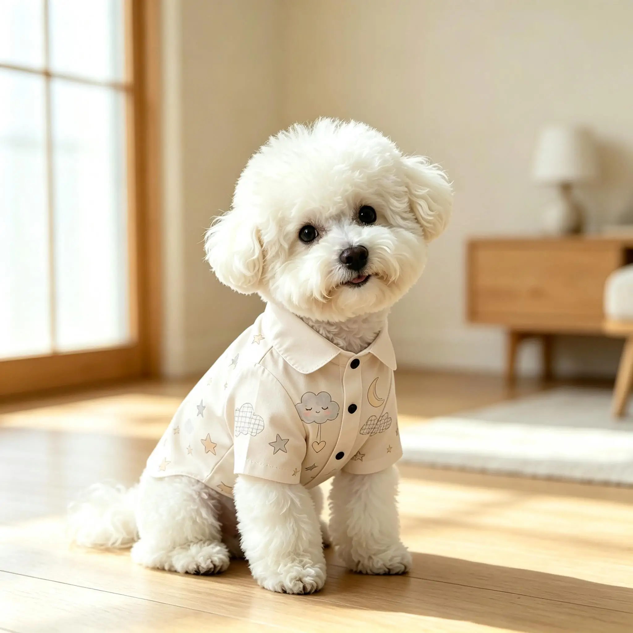 Pet Dog Shirt Light Purple Cartoon Cloud Moon Print Breathable Button Up for Small Medium Dogs Cute Sky Theme Daily Wear