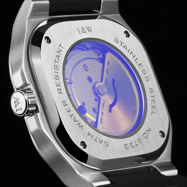 I & W นาฬิกาข้อมือกลไกนาฬิกาออโตเมติกผู้ชายเหลี่ยมหรูกันน้ำ50ม. เคลื่อนไหวคู่ Miyota