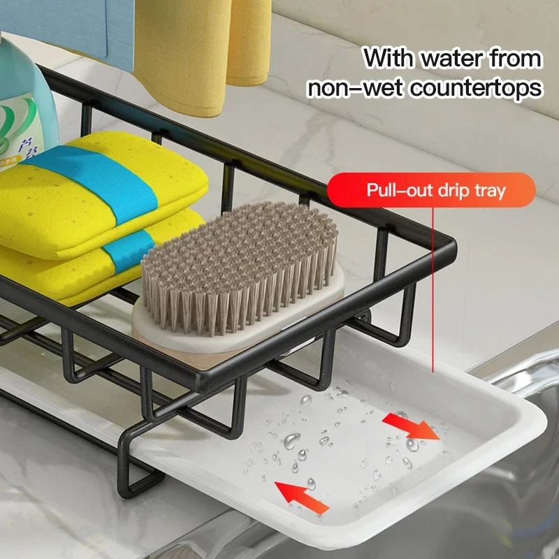 Sponge Holder Kitchen Sink Organizer with Towel Rack Drain Pan Wall Mounted&Desktop Dish Drainer Soap Dish Rack Drainer Sink