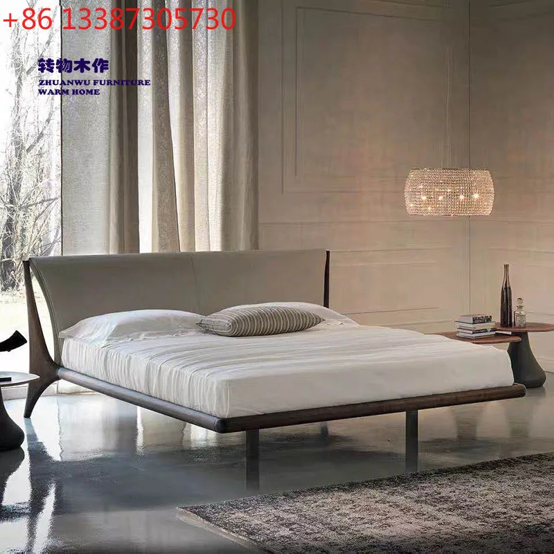 Nordic black walnut double bed simple modern all solid wood leather soft bed