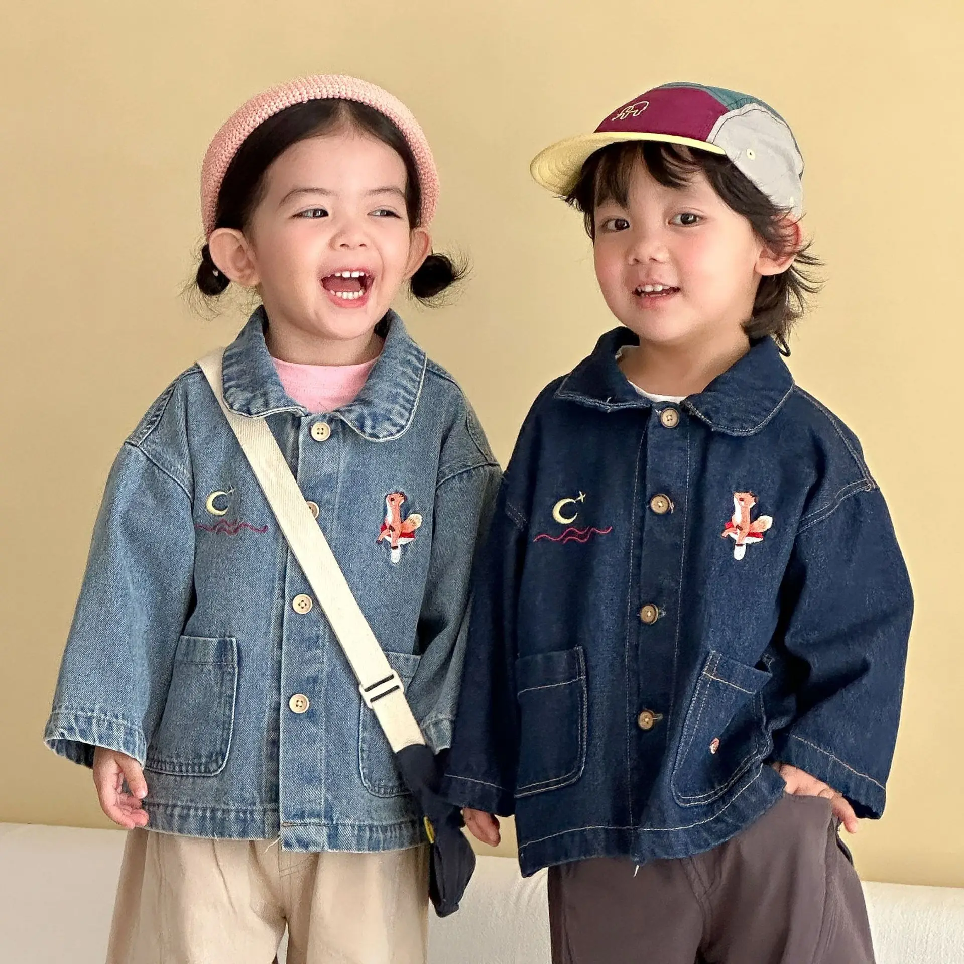 

2026 Spring New Children Long Sleeve Denim Coat Boys Lapel Jacket Girls Cartoon Embroidery Casual Cardigan Fashion Kids Clothes