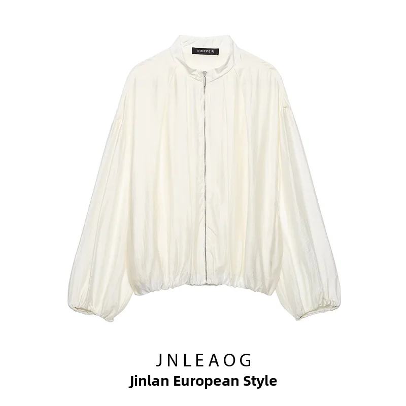 JNLEAOG Summer New Women's Fashion Pleated Pilot Jacket Coat Standard Fit Polyester Zipper Closure Short Outerwear