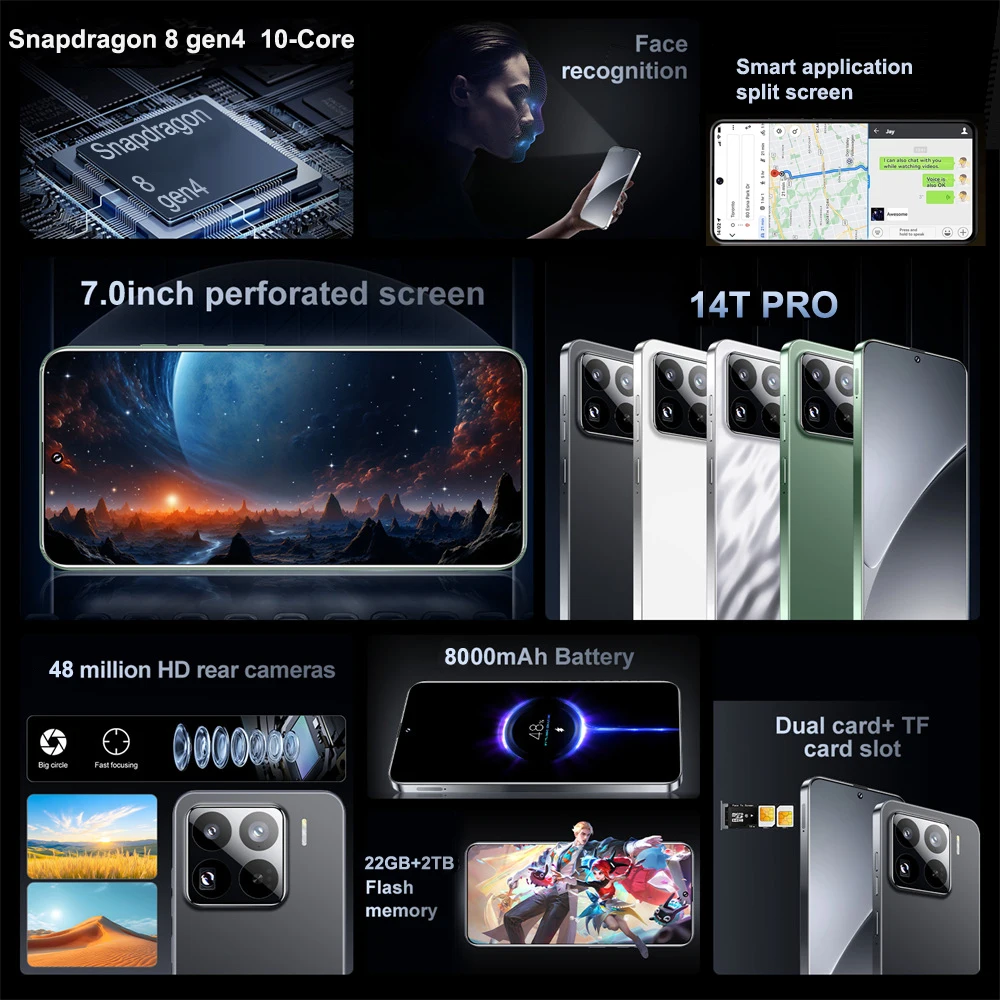 جديد 14T Pro الهاتف الذكي الأصلي 7.3 بوصة هاتف محمول 8000mAh أندرويد 4G 5G بطاقة SIM المزدوج الهواتف المحمولة النسخة العالمية الهواتف المحمولة