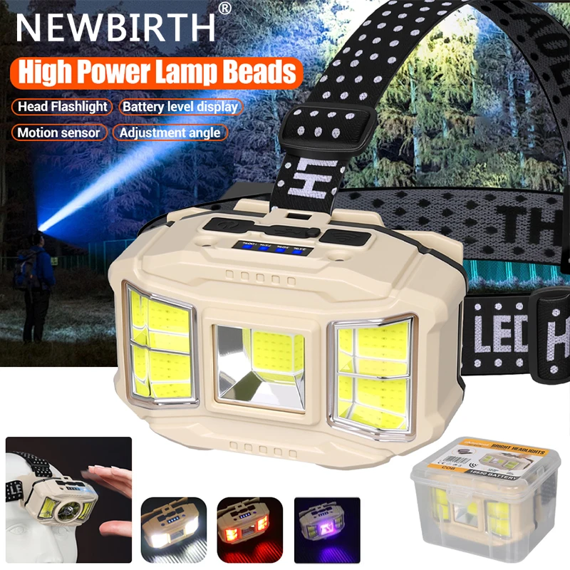 

Перезаряжаемый налобный фонарь с датчиком COB, 5 режимов, светодиодные налобные фонари, кемпинг, рыбалка, УФ-свет, лампа, фонарик, водонепроницаемая фара