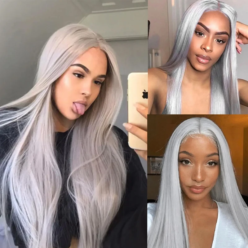 Synthetic Wigs Granny Grey Women Long Straight Natural Middle Part Wig Daily Use Heat-Resistant Full Head Cover Cosplay Parties