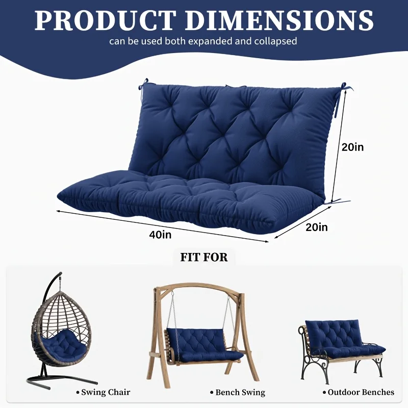 Porch Swing Cushion With Backrest – 2-3 Seater Outdoor Bench Cushion, Waterproof & Fade Resistant, 5-Inch Thick Thickened Replacement Swing Cushion With Ties – 60" X 40" X 5" For Patio, Garden, Backyard