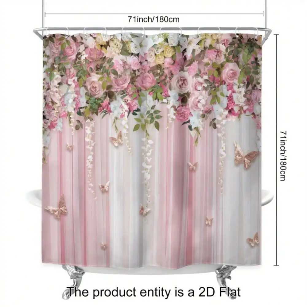 

1pc/4pc Retro Country Rose and Butterfly Bathroom Decoration Set, Home Bathroom Curtain with 12 Hooks, Bath Mat