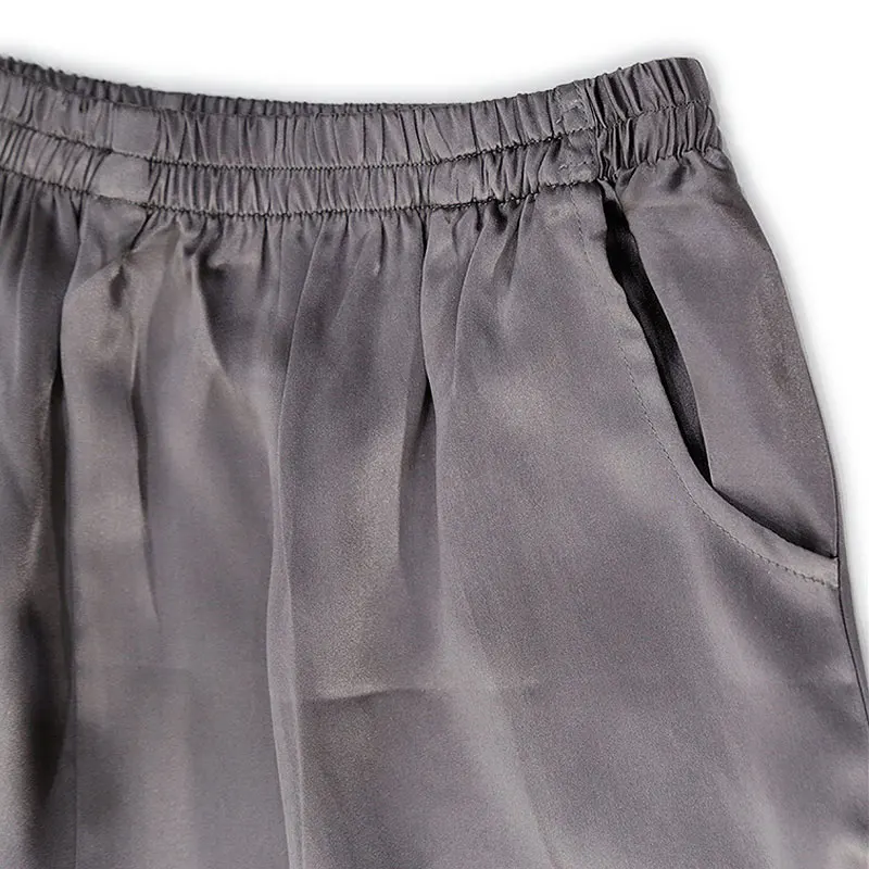 2025 Frauen Herbst Neue Schwere 100 % Natürliche Maulbeerseide Satin Tiefgrau Elastische Taille Tasche Design Beiläufige Gerade Hosen