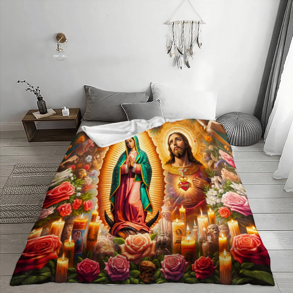 Virgin Mary And Jesus, Religious Gift, Blanket, Sacred Heart Roses Candles Design, Home Decor, Soft Cozy Multi-Purpose