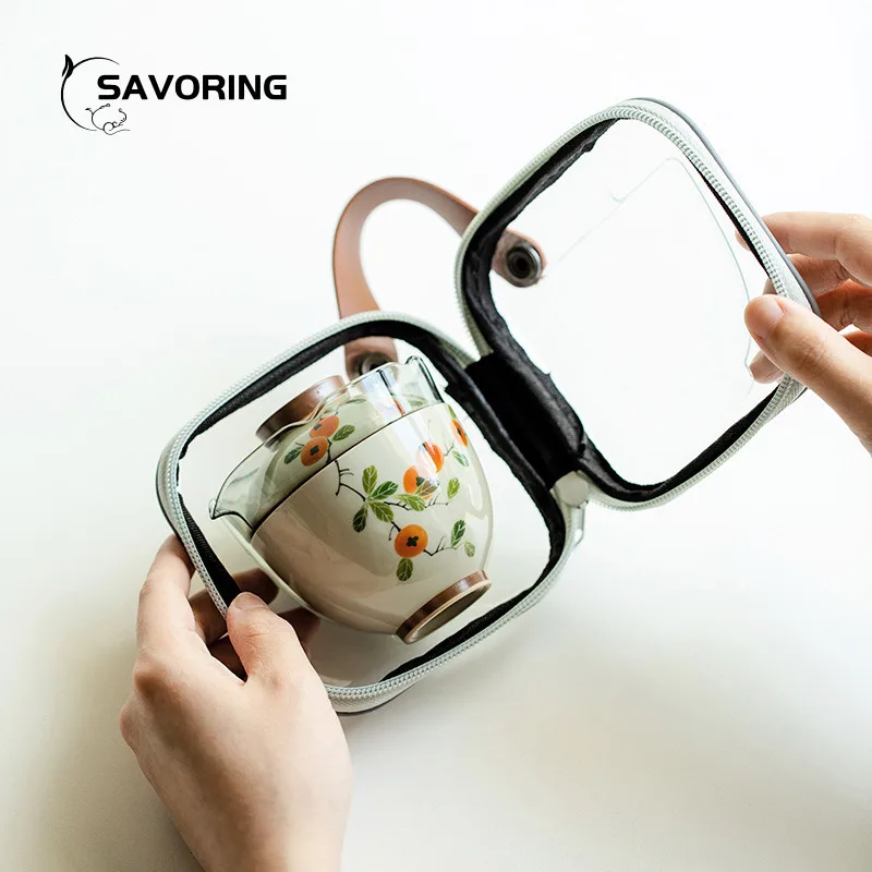 Hand Painted Persimmon Chinese Tea Set Outdoor Travel Tea Cup Set Portable Kungfu Tea Set Camping Puer Tool Tea Ceremony Teaware