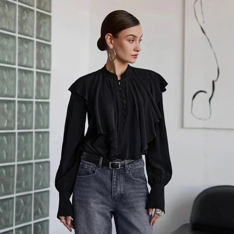 Elegant Women's Chiffon Ruffle Blouse Long Sleeve Slim Fit Office Shirt Solid Color High Neck Button Top Stylish Autumn Outfits
