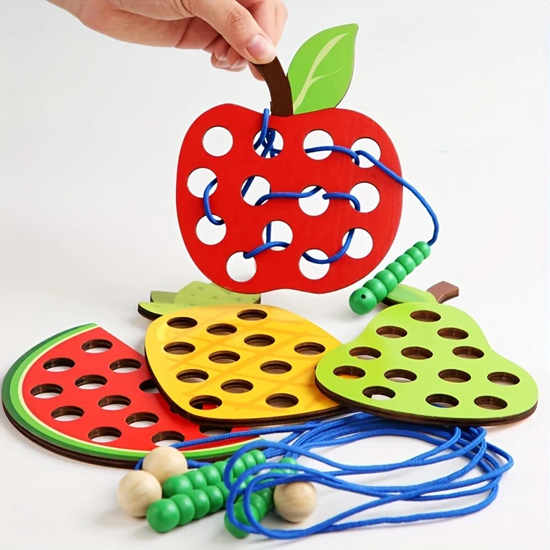 1 Set Caterpillar in legno che mangia tavola per infilare la frutta, gioco con la corda per infilare, giocattoli educativi precoci, sussidi didattici Montessori