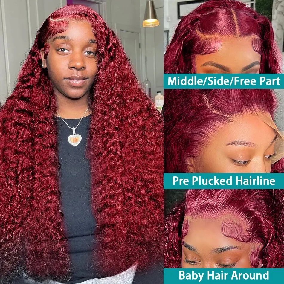 Perruque Lace Front Wig Deep Wave Naturelle Bouclée, Cheveux Humains, Rouge Bordeaux 99J, 13x4, HD, Pre-Plucked, en Solde