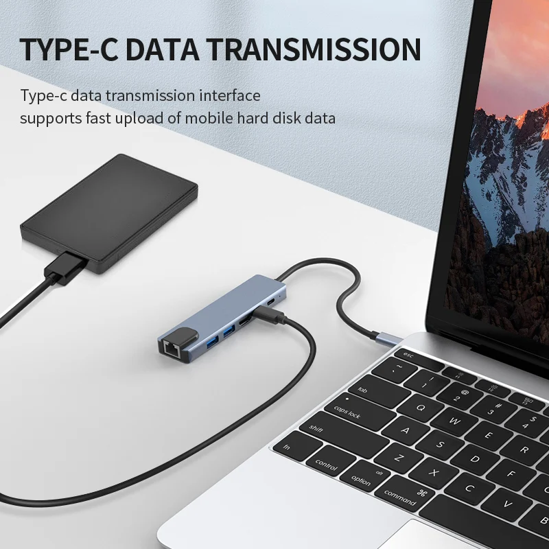 Adaptador Ethernet USB C HUB, 4K, Tipo C, 3.1 para Compatível com HDMI, SD, Leitor de Cartão TF, PD87W, MacBook, Huawei, Samsung, 100m, RJ45, 6 em 1