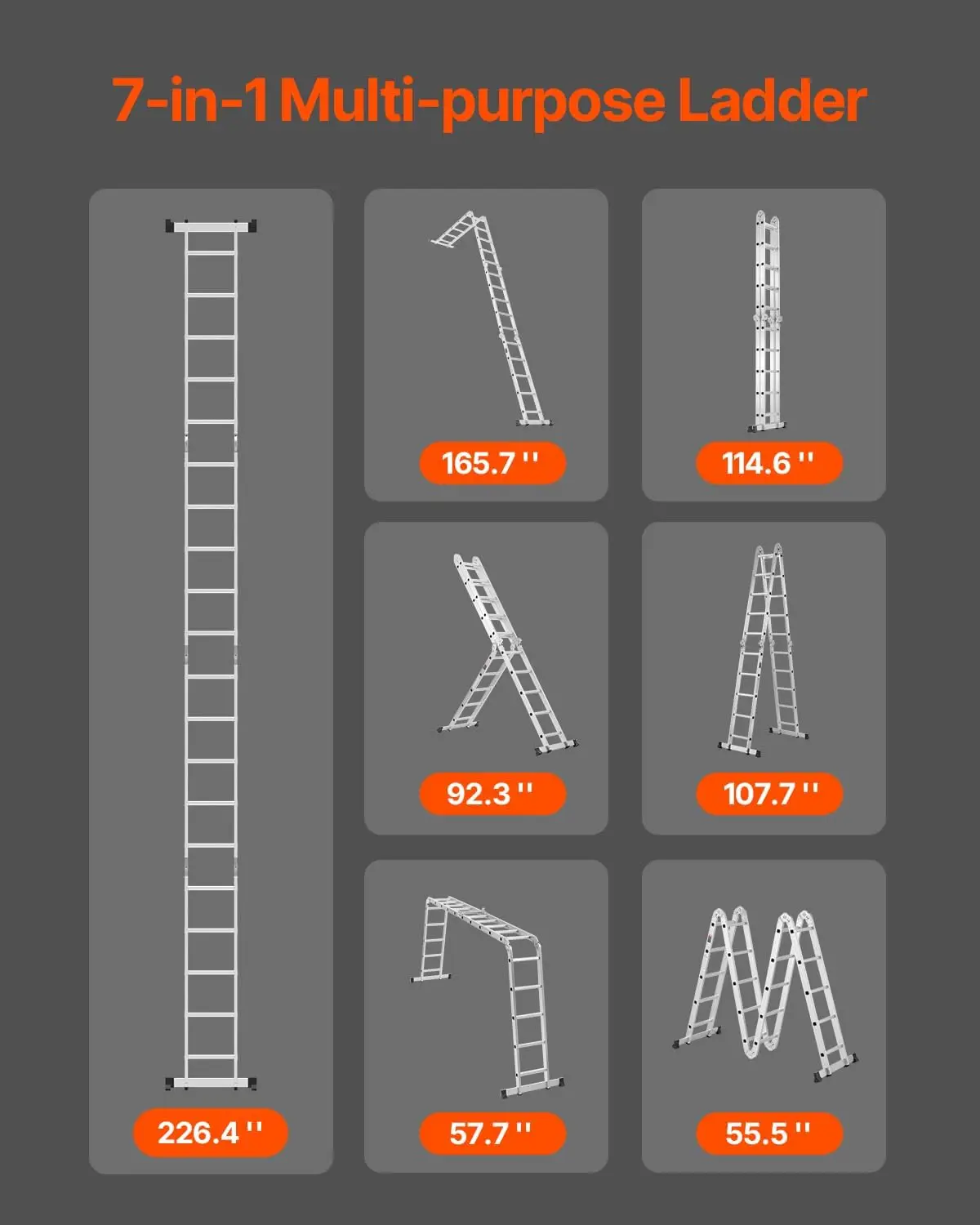 7-in-1 Tall Extension Step Ladder, A Frame 5 Step Telescoping Ladder, 19ft Reach Height Heavy Duty Adjustable Ladder