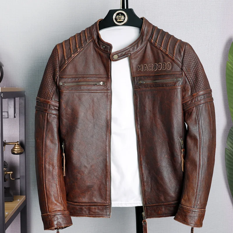 Vintage Brown Spring Men's Jacket Motorcycle Style Plus Size 4XL Natural Cowhide Autumn Slim Fit Short Genuine Leather Coats