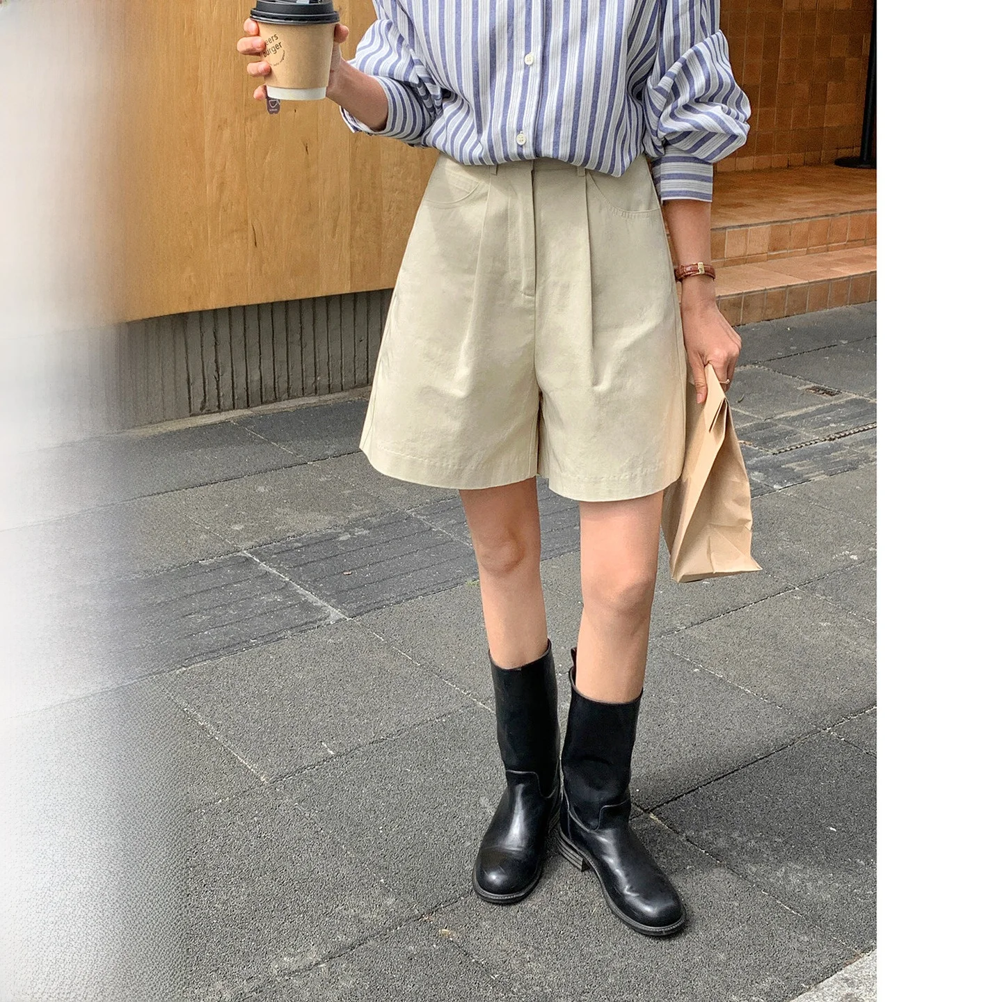 

Женские летние брюки-шорты цвета хаки с высокой талией, прямые, универсальные, для работы и повседневной носки