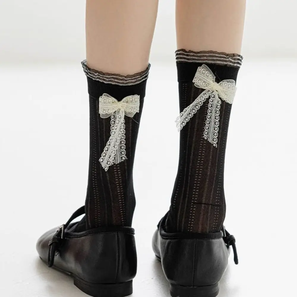 

3Pairs Soft Ruffle Mesh Bowknot Socks Ballet Style Lolita Mid Tube Socks Breathable Female Hosiery Sweet Socks Women Lady