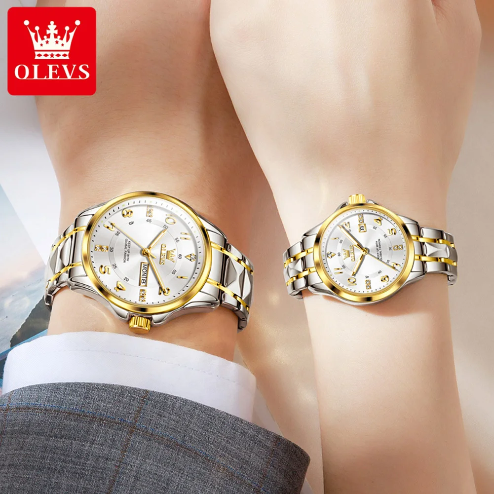 OLEVS Quartz Couple Watch for Men Women Number Dial Stainless steel Waterproof Luminous Dual Calendar Luxury Classic Wristwatch