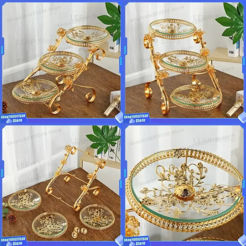 European Style Gold Iron Multi Layer Glass Cake Stand Light Luxury Dessert Plate for Home Hotel Party Fruit Snack Display